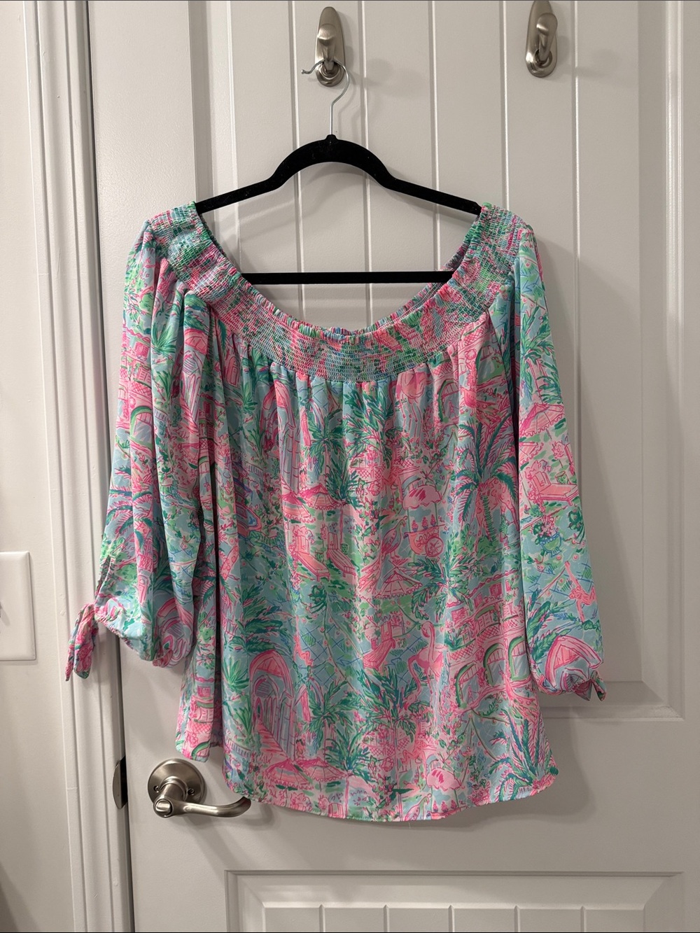 Lilly Pulitzer Women's L Off-Shoulder Pink & Aqua Print Top